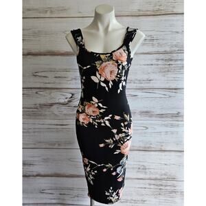 Shein black floral print bodycon dress sz Small